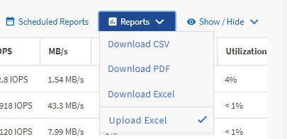 Excel을 보고서에 업로드하는 방법을 보여 주는 UI 스크린샷입니다.