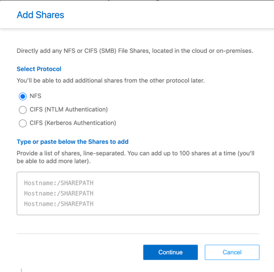 프로토콜 및 공유를 선택하는 옵션을 보여주는 공유 추가 모달의 스크린샷