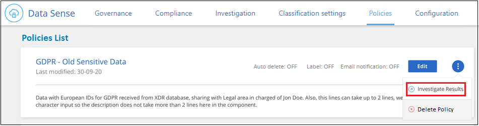 Policies 탭에서 특정 정책에 대한 Investigate Results를 선택하는 스크린샷