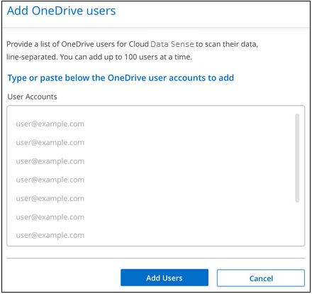 스캔할 사용자를 추가할 수 있는 OneDrive 사용자 추가 페이지의 스크린샷