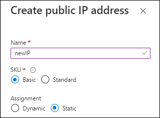 Azure에서 새 IP 주소 만들기 스크린샷으로, SKU 필드의 아래에서 Basic을 선택할 수 있습니다.