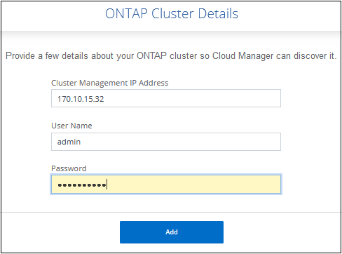 ONTAP 클러스터 세부 정보 페이지의 예, 클러스터 관리 IP 주소, 사용자 이름 및 암호를 보여주는 스크린샷