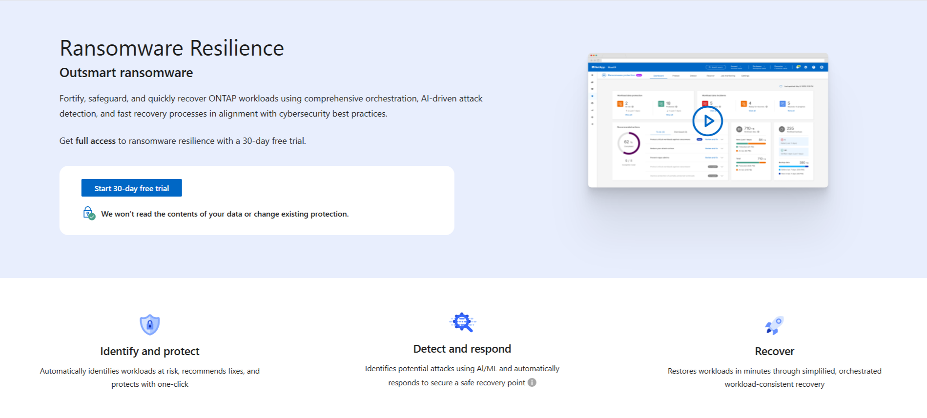 랜섬웨어 복원력에 대한 랜딩 페이지 스크린샷
