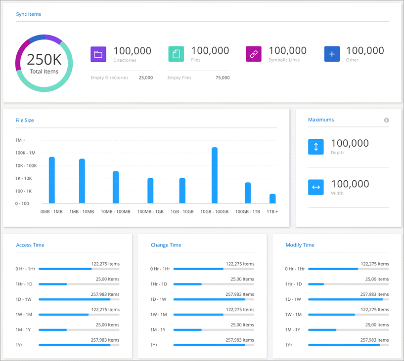 동기화 항목의 양, 파일 크기, 최대값, 액세스 시간, 변경 시간, 수정 시간을 보여주는 보고서입니다.