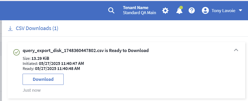 다운로드할 수 있는 .csv 내보내기 목록이 있는 벨 아이콘, 너비=400
