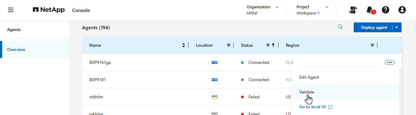 상담원의 작업 메뉴에 있는 유효성 검사 옵션을 보여주는 스크린샷입니다.