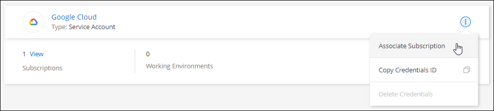 기존 자격 증명 세트에 대한 작업 메뉴의 스크린샷입니다.