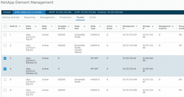 에는 노드가 나열된 NetApp Element 관리 > 클러스터 페이지가 나와 있습니다.