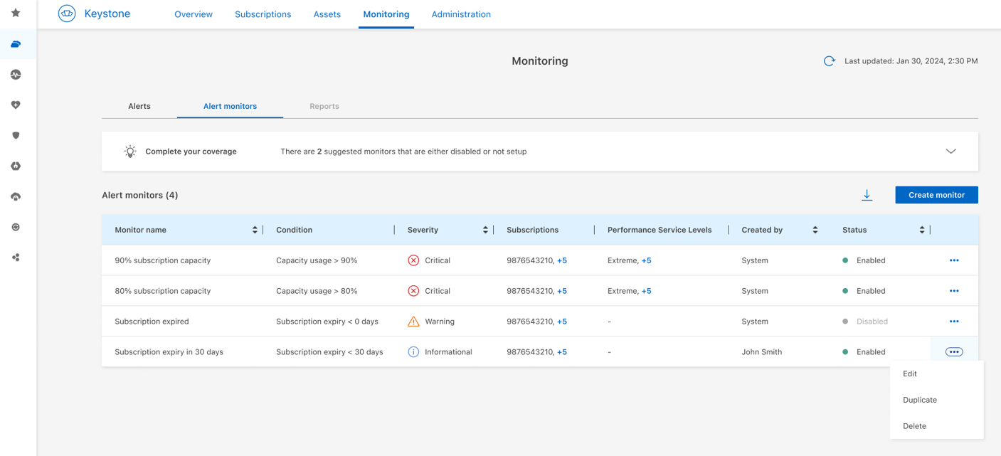 Keystone 구독에 대한 알림 모니터 편집 스크린샷
