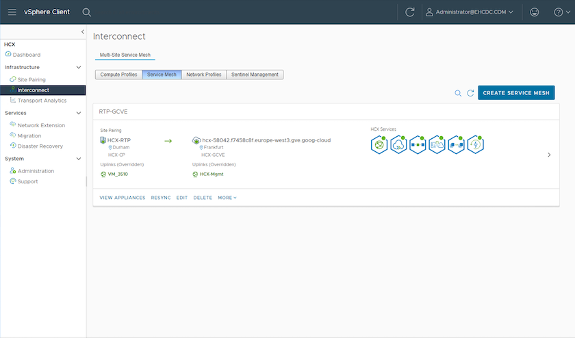 vSphere 클라이언트 Interconnect 페이지의 Service Mesh 탭 스크린샷입니다.