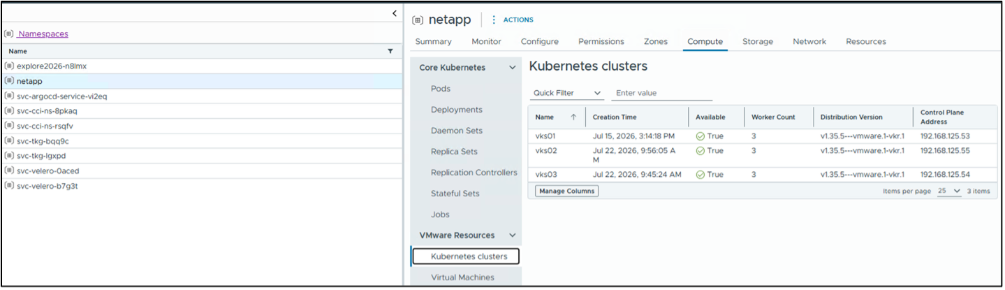 vCenter의 Kubernetes Clusters 목록
