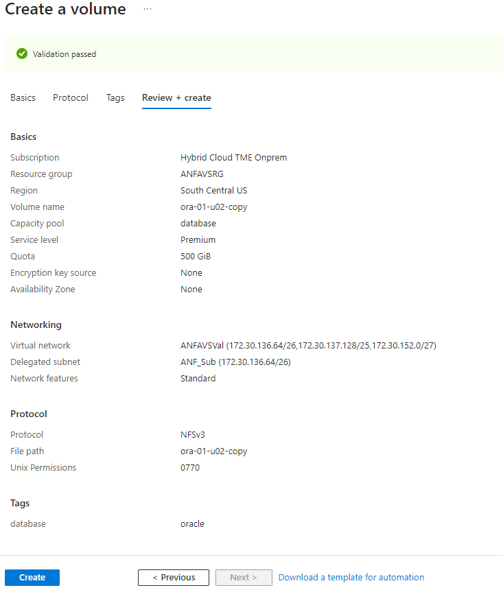 이 이미지는 Azure Portal 콘솔을 사용하여 ANF 볼륨 프로비저닝 화면을 제공합니다.