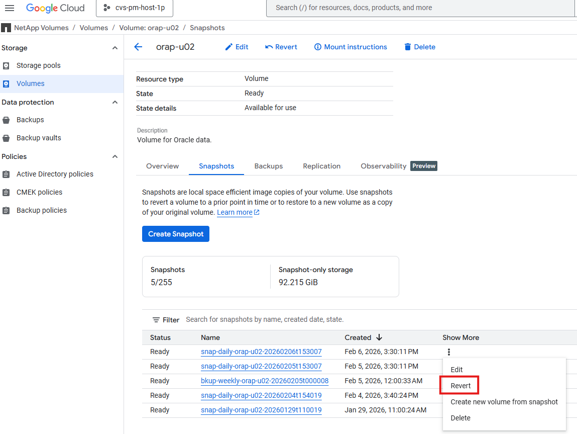 이 이미지는 NFS를 사용하는 Google Cloud의 Oracle 배포 환경에서 GCNV 볼륨 스냅샷을 복원하는 화면 스크린샷을 제공합니다.
