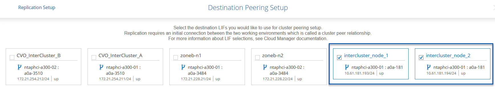 Intercluster LIF를 선택하세요