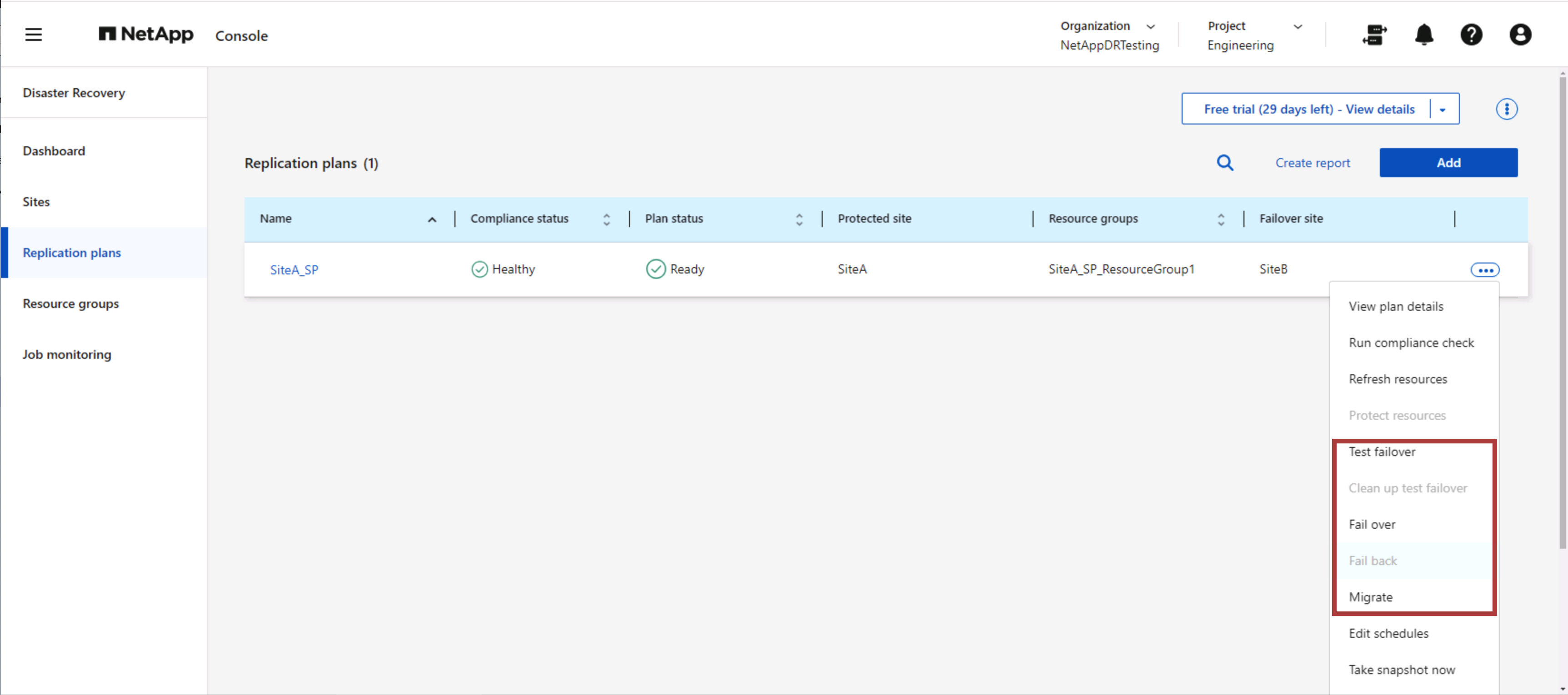 NetApp Disaster Recovery 복제 계획 조치