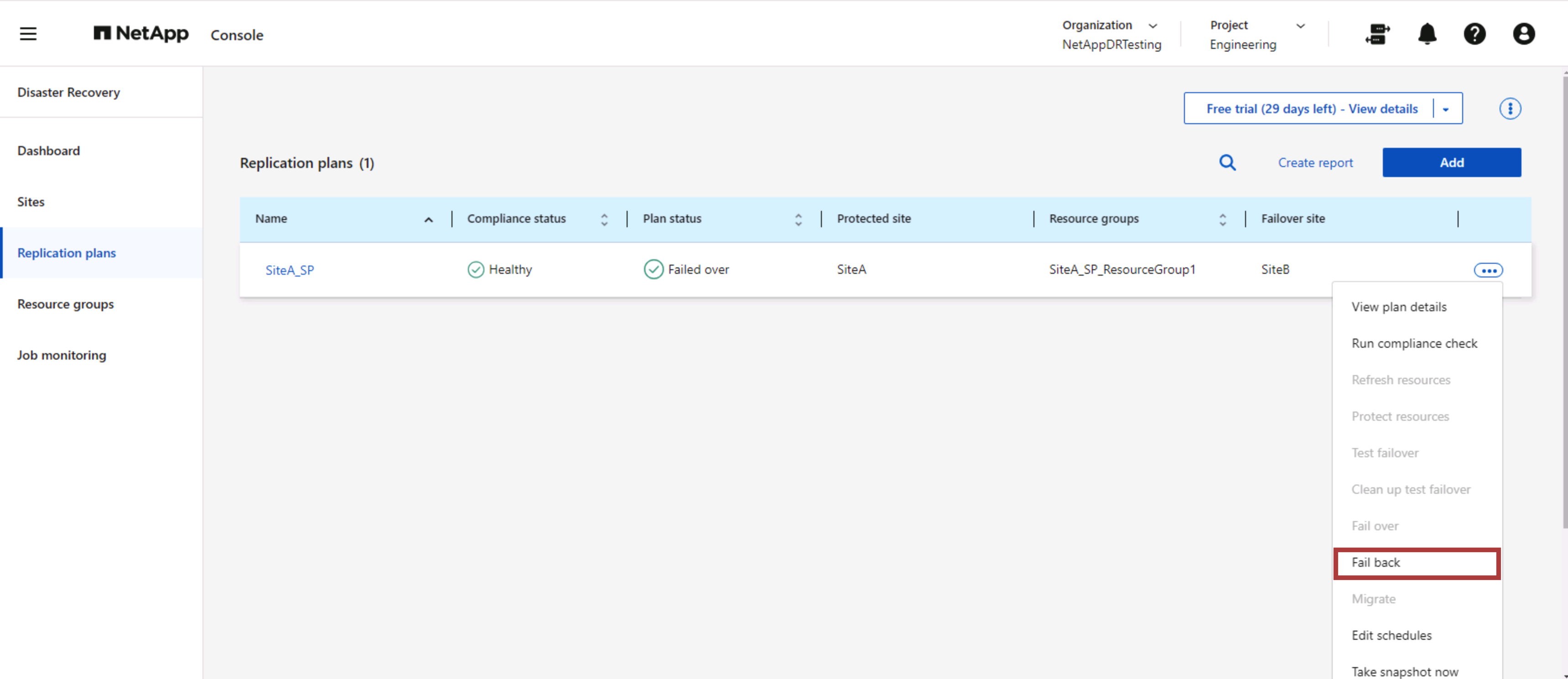 NetApp Disaster Recovery 복제 계획 페일백 작업