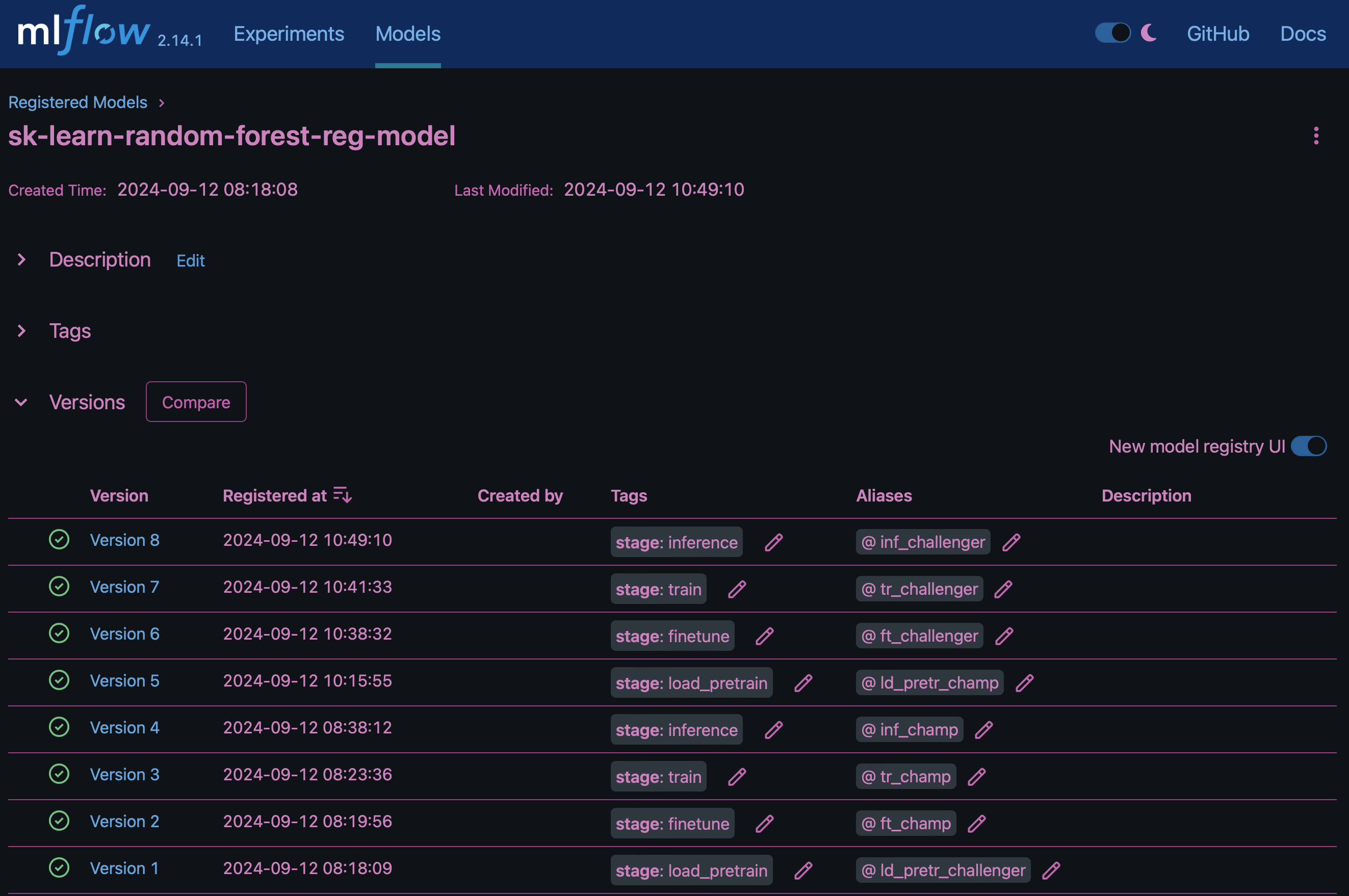 aicp mlrun mlflow sklearn modelRegistry sk random forest reg 모델 버전을 학습합니다