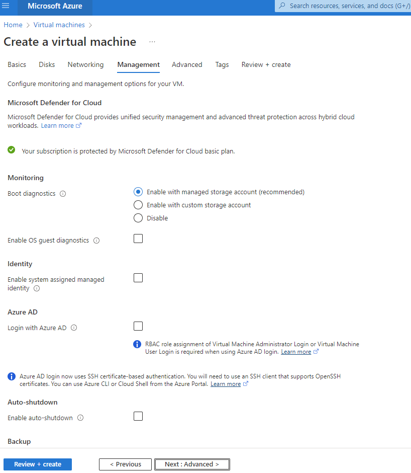 이 스크린샷은 Create a Virtual Machine Management(가상 머신 관리 생성) 페이지에 대한 입력 내용을 보여 줍니다.