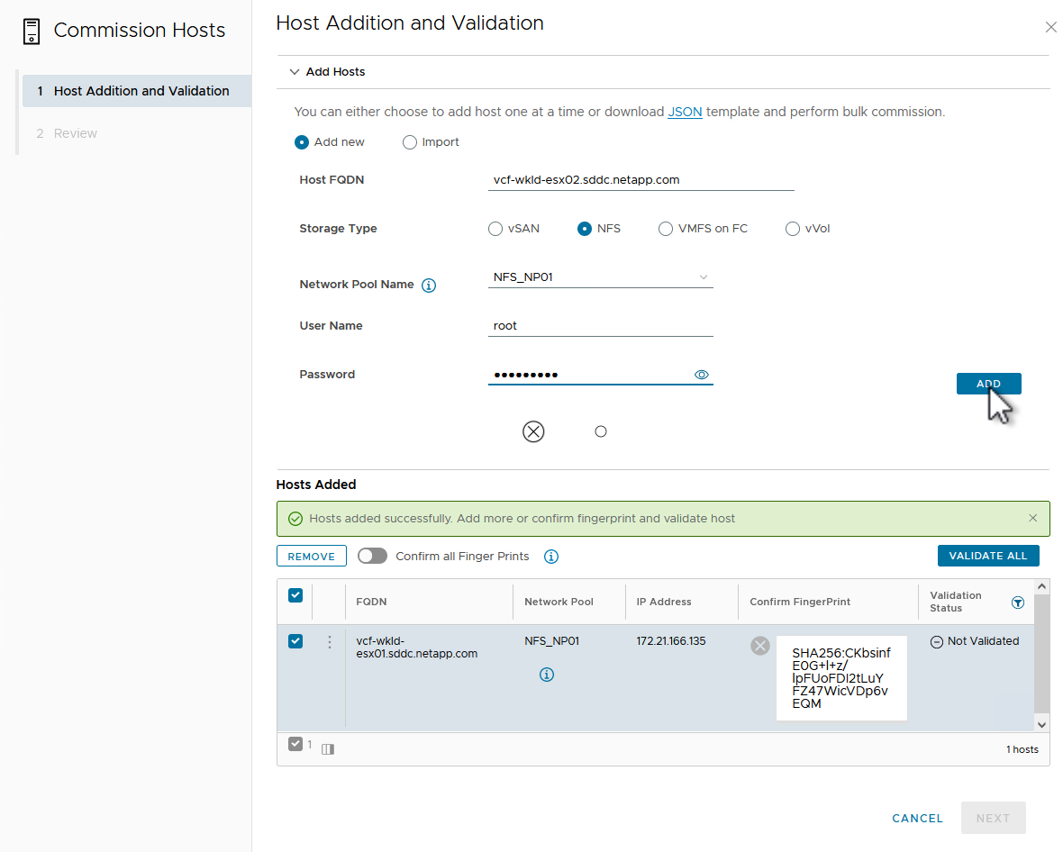 Host Addition and Validation(호스트 추가 및 검증) 창