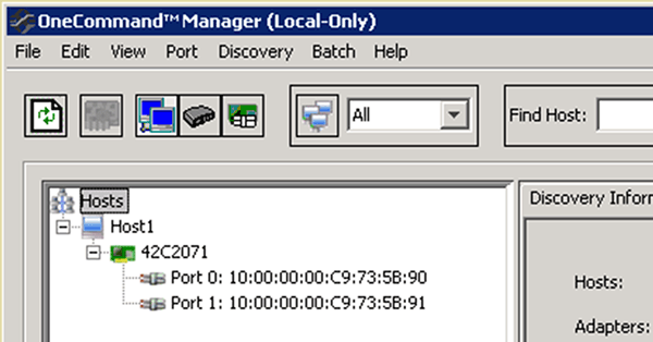 이미지는 각 포트의 WWPN 값과 함께 OneCommand Manager에 표시되는 2포트 HBA를 보여 줍니다.