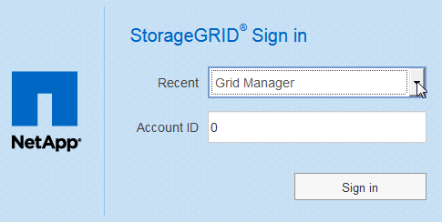 SSO가 활성화된 경우 최근 계정 목록에서 Grid Manager를 선택합니다