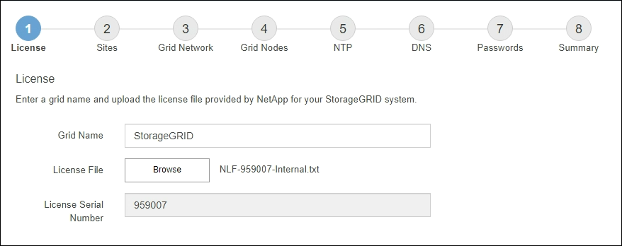StorageGRID 설치 프로그램 라이센스 페이지