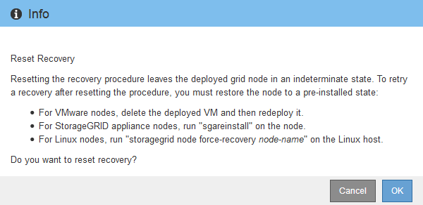 복구 경고 재설정 대화 상자를 보여 주는 스크린샷