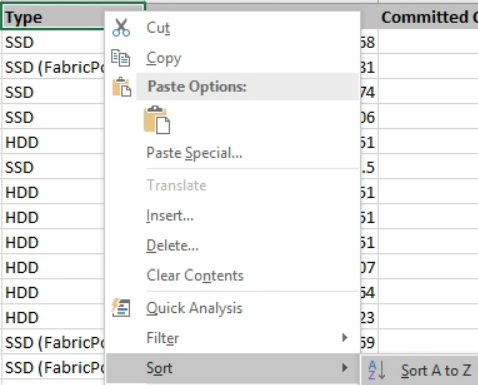 Uma captura de tela da interface do usuário que mostra como selecionar a classificação na coluna de tipo.