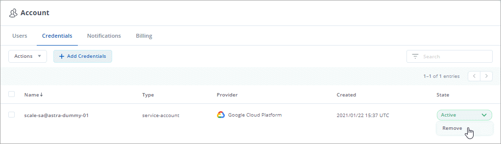 Uma captura de tela da guia credenciais na página conta, onde você pode clicar na coluna de estado e selecionar a ação Remover.