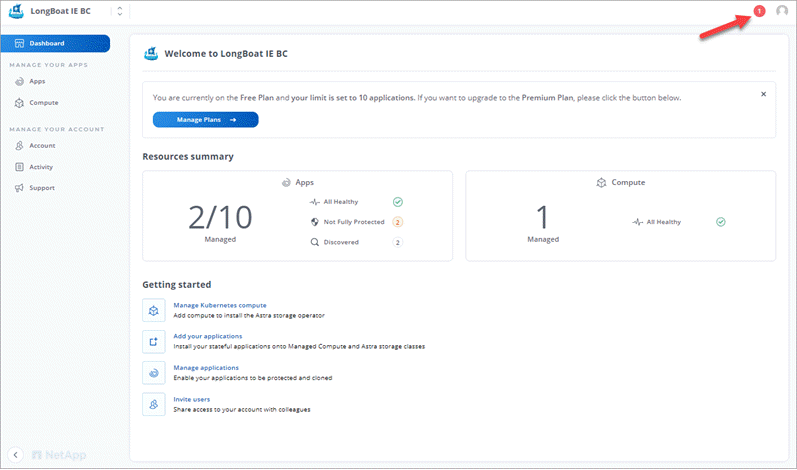 Uma captura de tela que mostra a interface Astra, onde você pode ver o número de notificações não lidas.