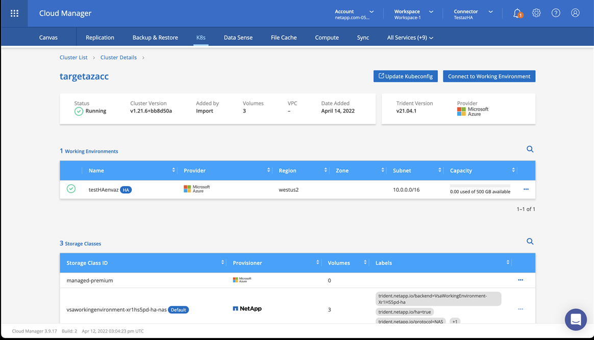 Cluster importado no Cloud Manager