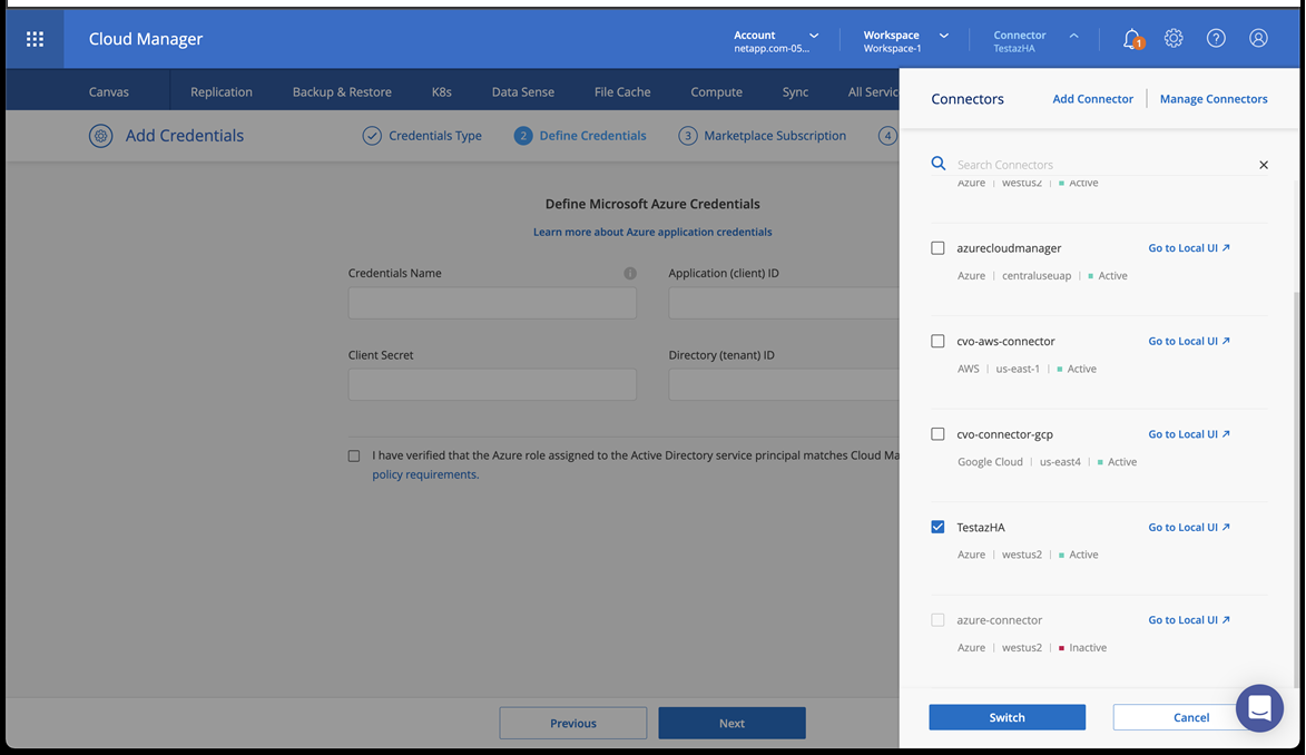 Conetores de comutação no Cloud Manager