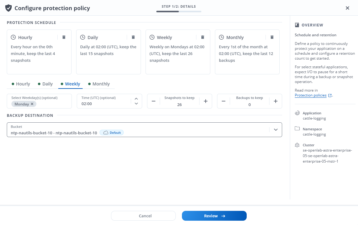 Uma captura de tela de uma política de configuração de exemplo, na qual você pode optar por fazer snapshots e backups por hora, diariamente, semanalmente ou mensalmente.