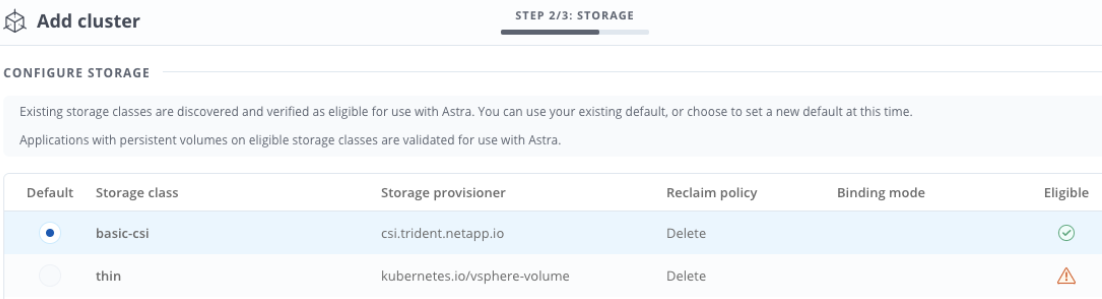 Mostra a classe de armazenamento a ser usada para o cluster.