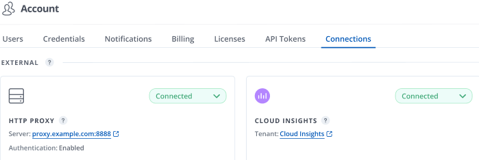 Mostra a conexão Cloud Insights habilitada na IU do Centro de Controle Astra.