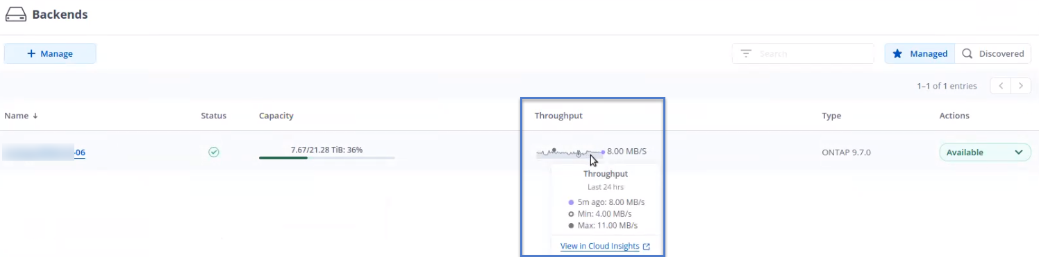 Mostra as informações de throughput na página backends no Astra Control Center.