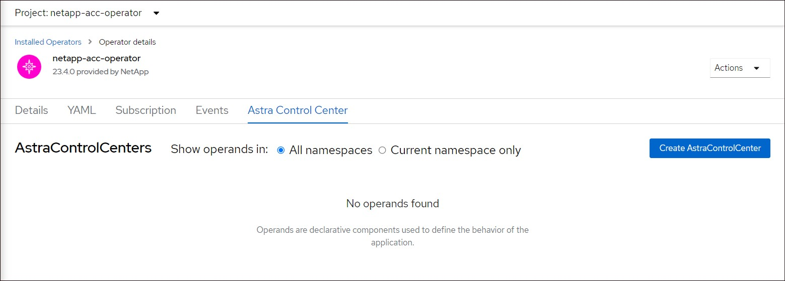 Esta imagem mostra a página do operador Astra Control Center que tem a guia Astra Control Center selecionada