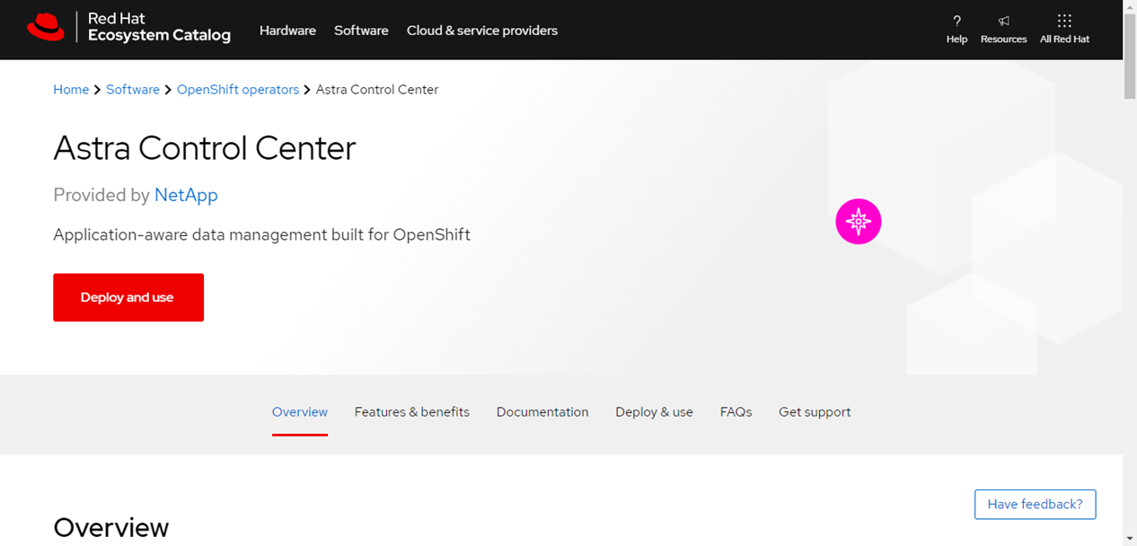 Esta imagem mostra a página de visão geral do Astra Control Center que está disponível no catálogo de ecossistemas RedHat