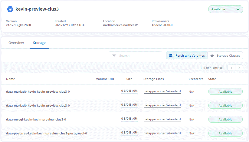 Uma captura de tela dos volumes persistentes que foram provisionados para um cluster do Kubernetes.