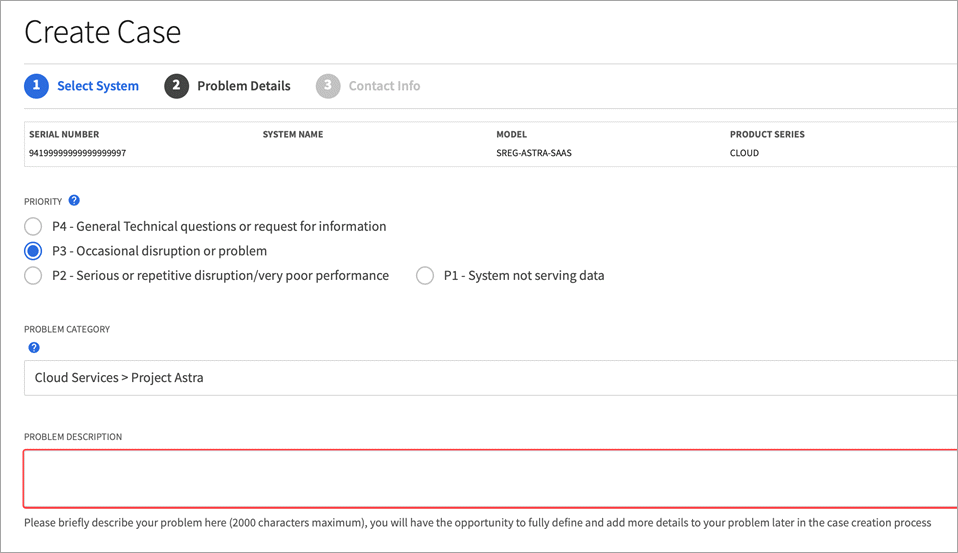 Uma captura de tela de um ticket da Web no site de suporte da NetApp, que exige que você selecione um sistema, insira os detalhes do problema e forneça suas informações de Contato.