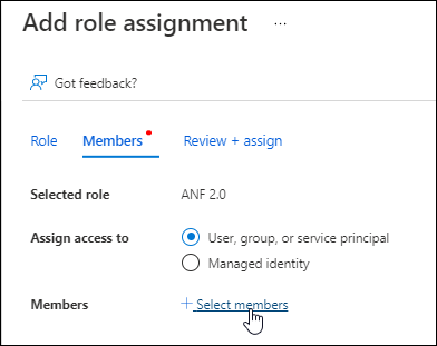 Uma captura de tela do portal do Azure que mostra a guia Membros ao adicionar uma função a um aplicativo.