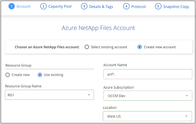 Uma captura de tela dos campos necessários para criar uma conta do Azure NetApp Files, que inclui um nome, assinatura do Azure, local e grupo de recursos.