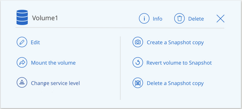 Uma captura de tela das operações disponíveis quando você passa o cursor sobre um volume.