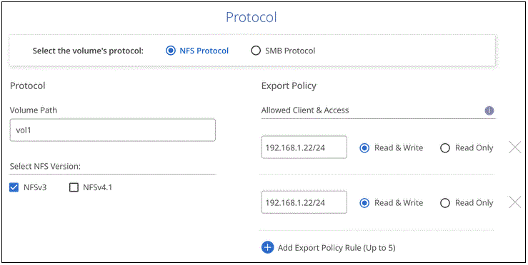 Uma captura de tela dos campos necessários para configurar um volume NFS.