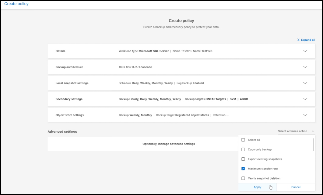 Captura de tela de configurações avançadas para políticas de BlueXP backup and recovery