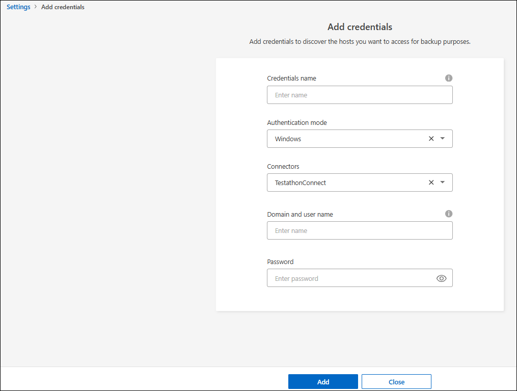 Opção de configurações para adicionar novas credenciais