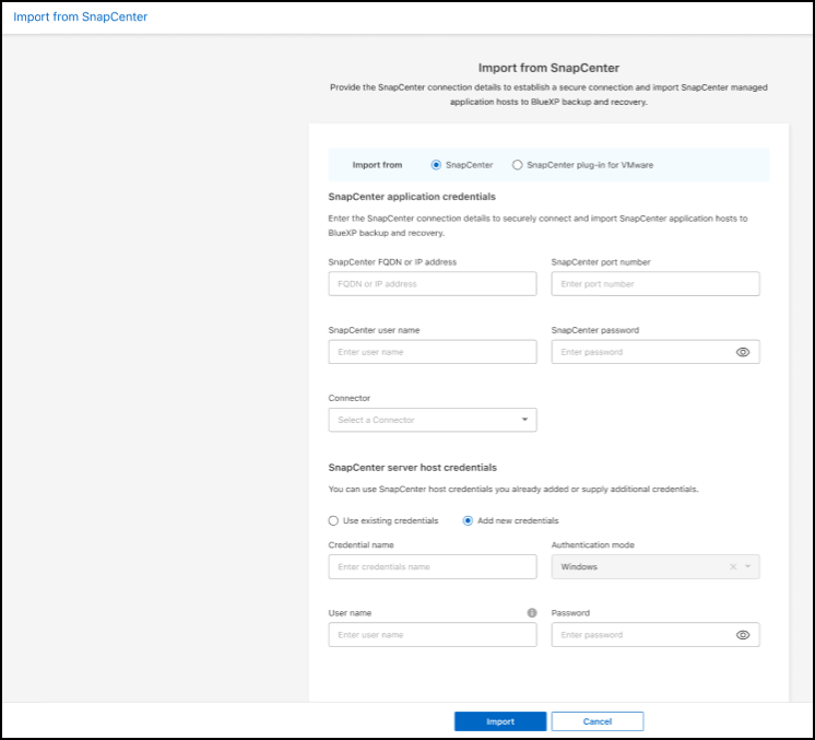 Opção de configurações para importar recursos do SnapCenter Server