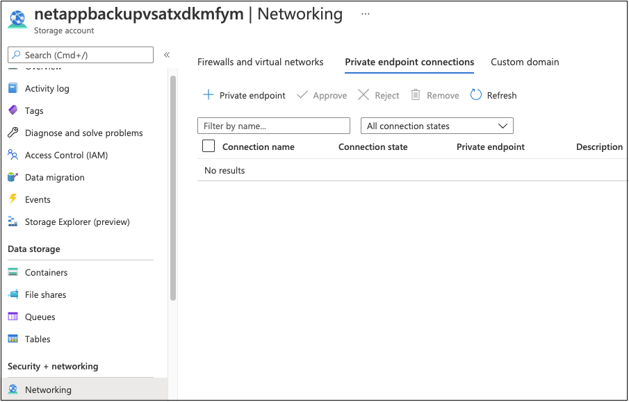 Uma captura de tela de abertura da configuração de endpoint privado para sua conta de armazenamento.