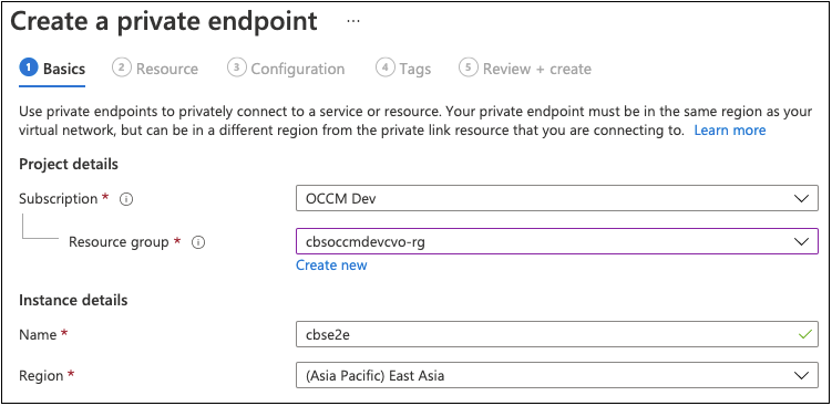 Uma captura de tela mostrando os detalhes da página de noções básicas de endpoint privado.