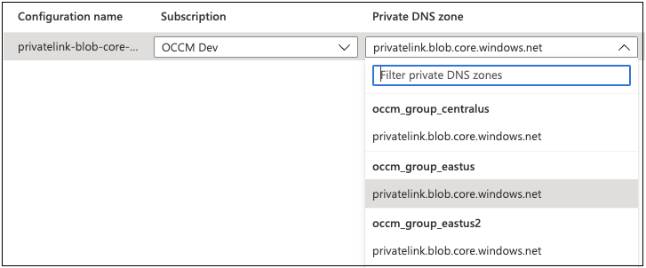 Uma captura de tela mostrando a seleção de zona privada na página Configuração de endpoint privado.